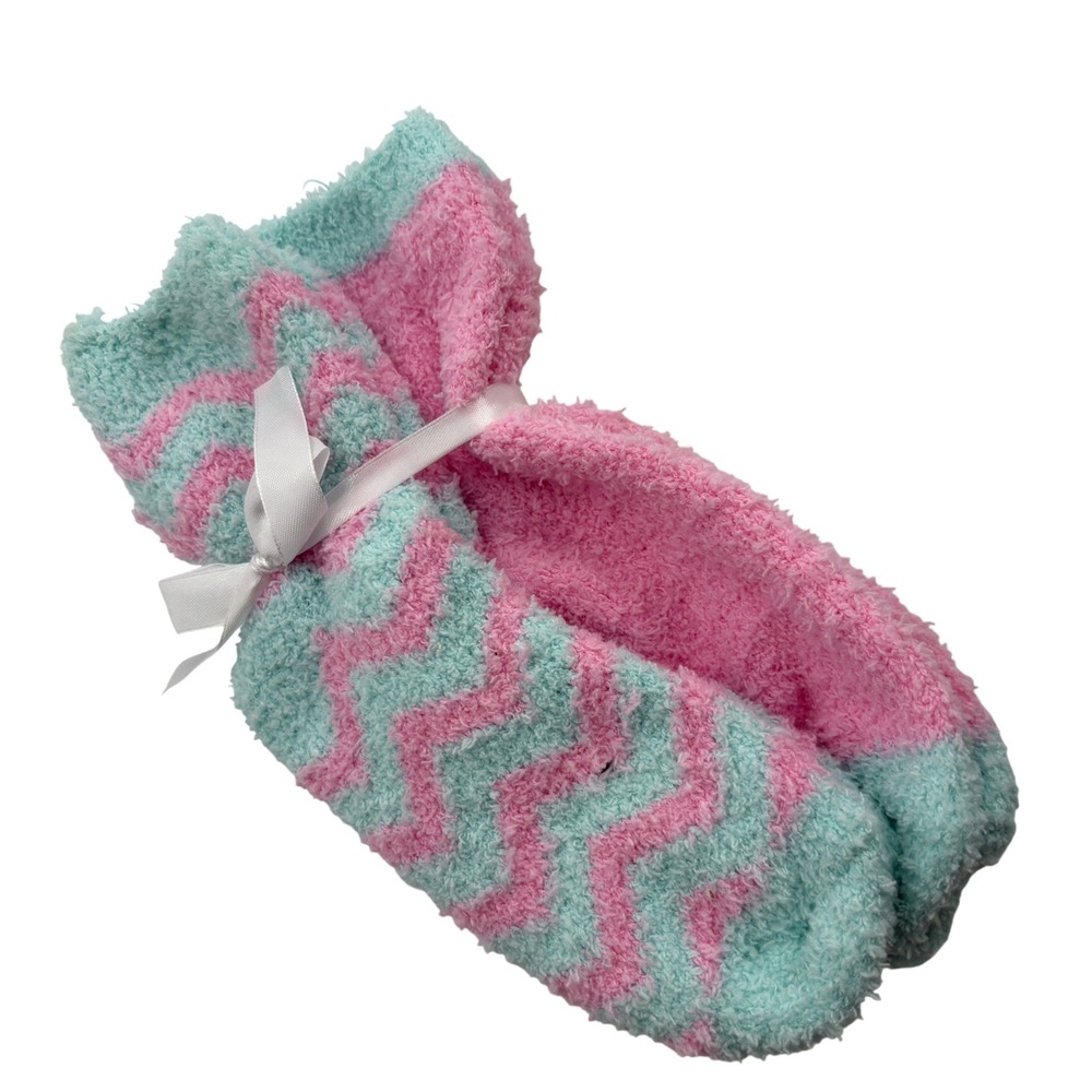 Unbranded Fuzzy Socks OS Pink Blue Chevron Zig Zag Plush Cozy Slipper Socks